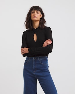 Black High Neck Long Sleeve Cut Out Detail Top