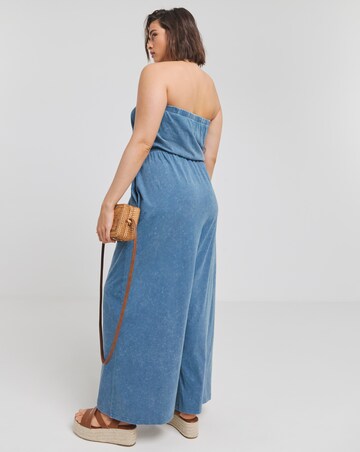 Simply Be Blue Acid Wash Cotton Jersey Bandeau Jumpsuit
