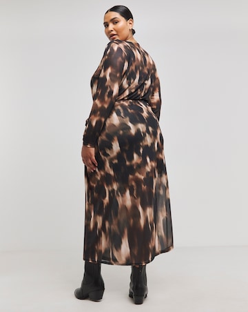 Brown Blur Print Wrap Front Mesh Midi Dress