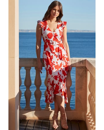 Sosandar Red & Ivory Floral Print Ruffle Hem Midi Dress