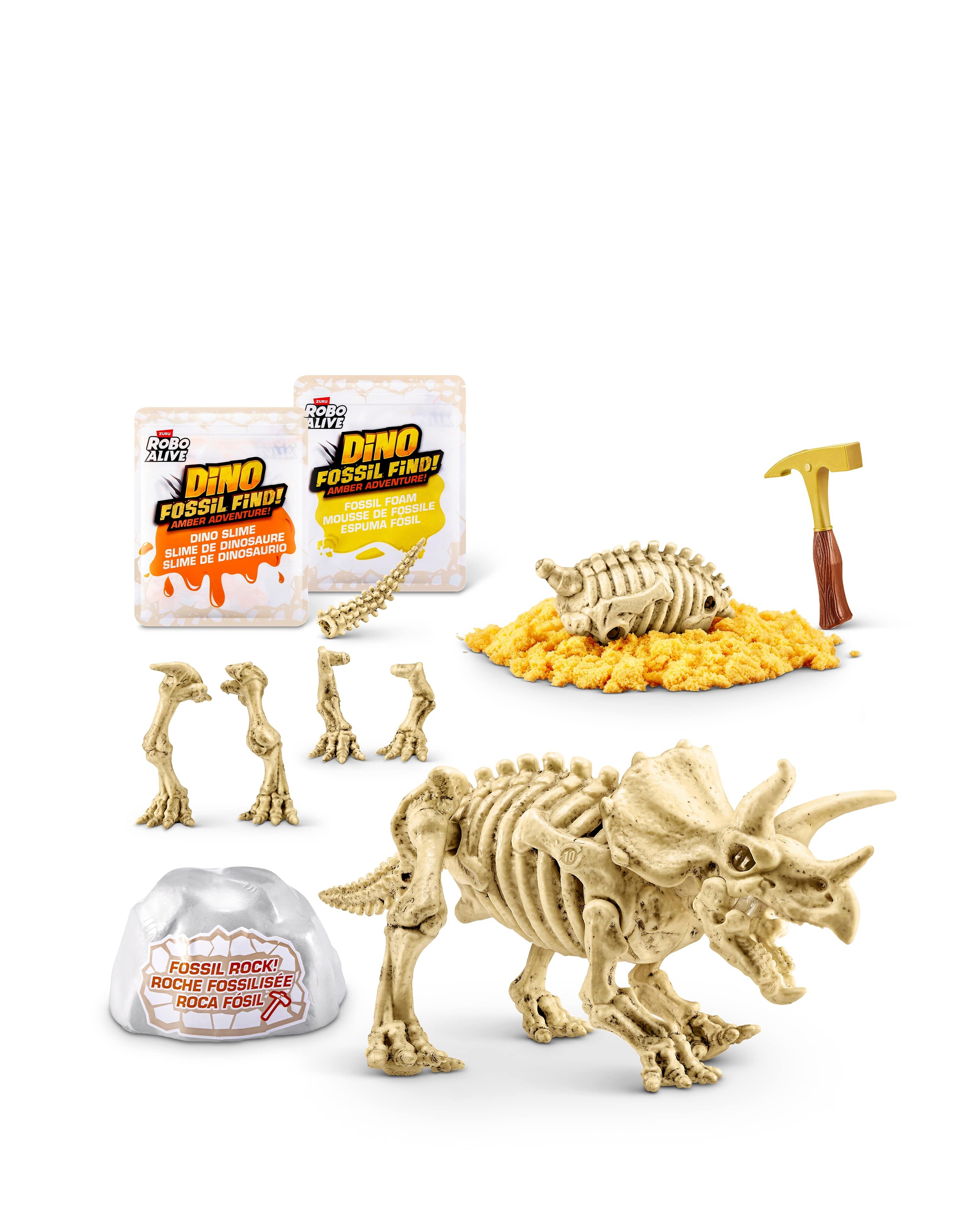 Fósiles De Dinosaurio Para Niños ROBO ALIVE Fossil Find Amber Adventure De ZURU – Caja Sorpresa Con Dinosaurio De Juguete (Triceratops), Huevo De ámbar, Baba Luminosa Y Fósiles Para Montar