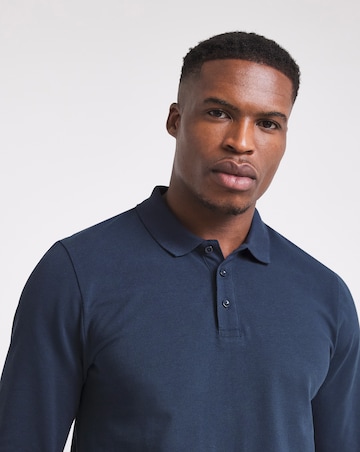 Pure Cotton Long Sleeve Pique Polo Long Length- Navy