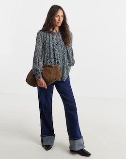 Womens Georgette Collarless Blouson Sleeve - Blue Abstract