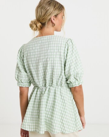 Puff Sleeve Sage Gingham Wrap Top