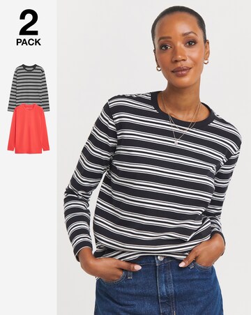 Red/Mono Stripe 2 Pack Stripe/Plain Long Sleeve Crew Neck Tops