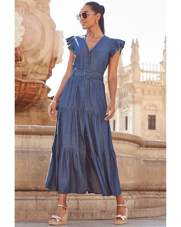 Sosandar Indigo Blue Ruffle Sleeve Tiered Hem Midi Dress