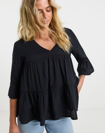 Black Tiered Viscose Smock Top