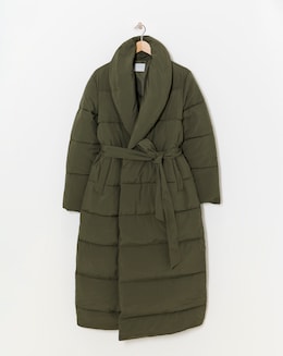 Green Longline Belted Padded Coat