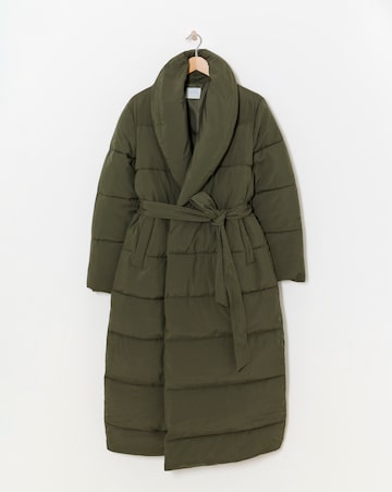 Green Longline Belted Padded Coat