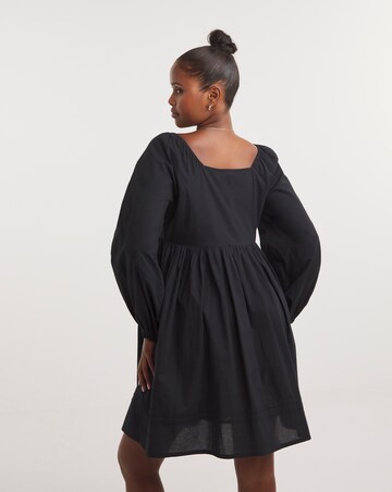 Sqaure Neck Poplin Smock Dress with Trim Detailing