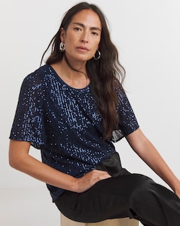 Navy Sequin Angel Sleeve Top