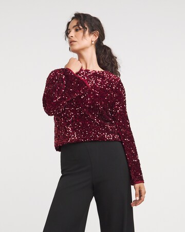 Red Slash Neck Velvet Sequin Top