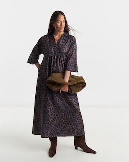 Collarless Placket 3/4 Sleeve Smock Dress