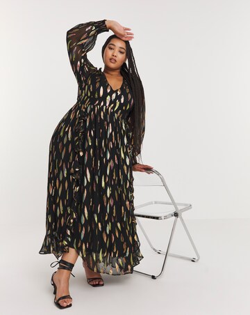 Plunge Neckline Rainbow Foil Jacquard Midi Dress