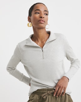 Pure Cotton Half Zip Long Sleeve Ribbed Top