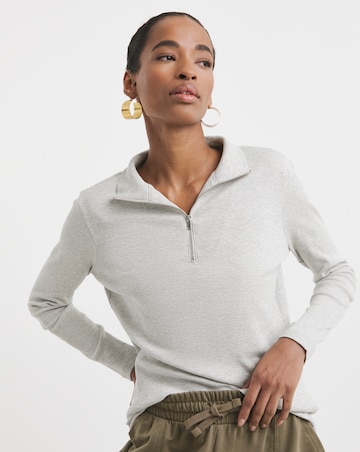 Pure Cotton Half Zip Long Sleeve Ribbed Top