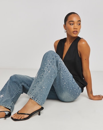 Simply Be X Twisted Wunder Mid Wash Star Embellished Wide Leg Jeans