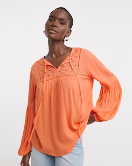Textured Crinkle Broderie Yoke Trim Blouson Sleeve Blouse
