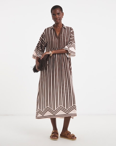 Border Print Placket Detail Smock Dress