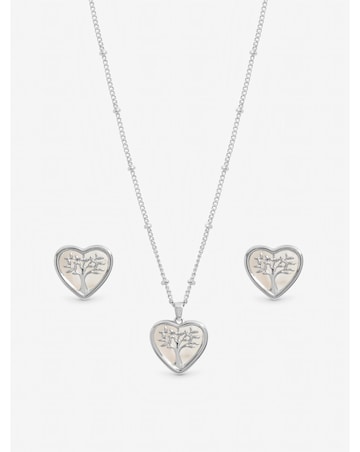 Inicio Sterling Silver Plated Mother of Pearl Tree Of Love Heart Set - Gift Box
