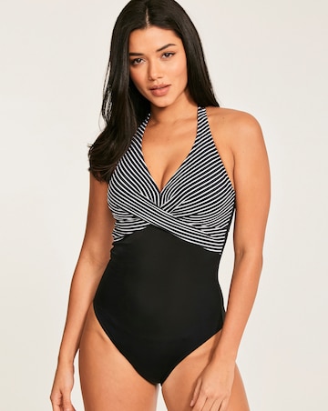 Figleaves Tailor Halter Twist Front Tummy Control Stripe Swimsuit Longer Length