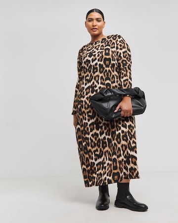 Leopard Print Textured Waffle Jersey Midi Dress