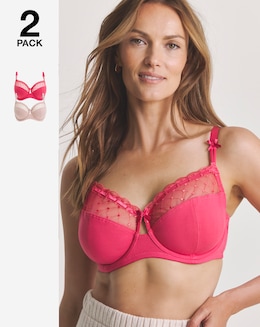 Pretty Secrets 2 Pack Rachel Embroidery Balcony Bras B-G - Raspberry/Natural