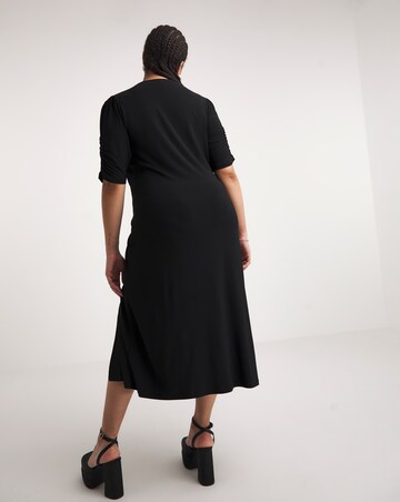 Black Slinky Ruched Midi Dress