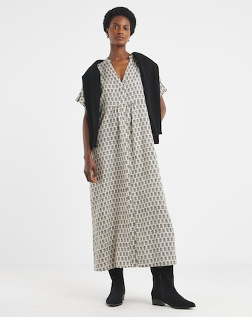 Collarless Placket Detail Smock Dress