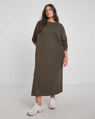 Olive Green Relaxed Fit Midi Sweat Dress With Pockets