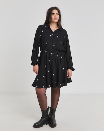 Black Floral Embroidered Shirt Dress