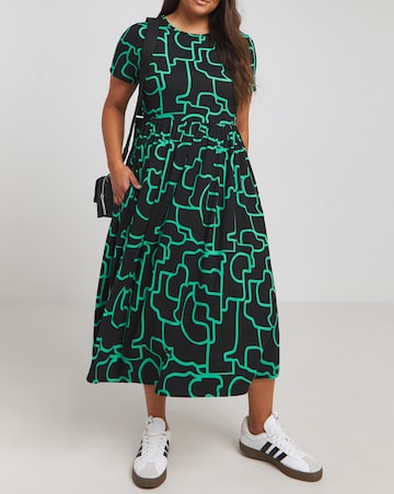 Green Print Short Sleeve Supersoft Pocket Midi Dress