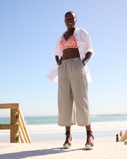 Striped Linen Mix Cropped Wide Leg Culottes