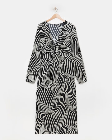 Mono Swirl Print Plisse Twist Front Midaxi Dress