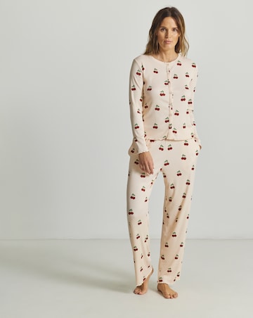 Chelsea Peers Cardigan Ribbed Long Pyjama Set Cherry Print
