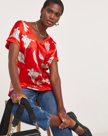 Red Floral Print V Neck Satin Front Top