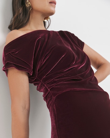 Velvet Asymmetric Neckline Midi Dress