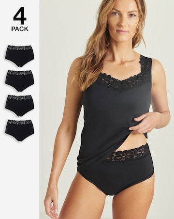 Pretty Secrets (4 Pack) Lace Top Cotton Full Fit Brief Knickers Black