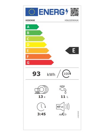 Hisense HS622E90XUK Dishwasher, E rated, 13 place setting