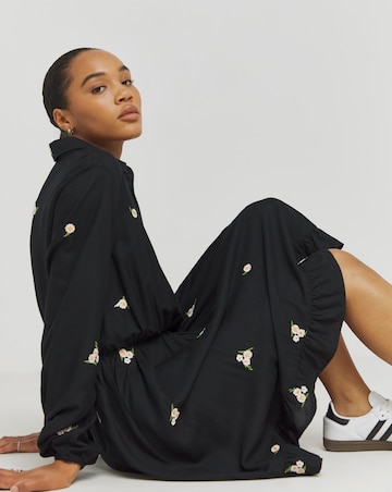 Black Embroidered Ditsy Floral Shirt Dress