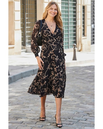 Sosandar Boroque Frill Hem Shirred Cuff Sleeve Wrap Dress