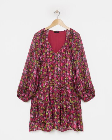 Floral Print Metallic Thread Detail Swing Dress