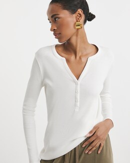 Pure Cotton Henley Button Front Long Sleeve Top