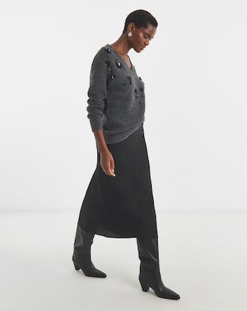 Grey V Neck Embellished Jumper