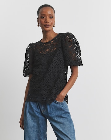 Joanna Hope Crochet Blouse With Puff Sleeves