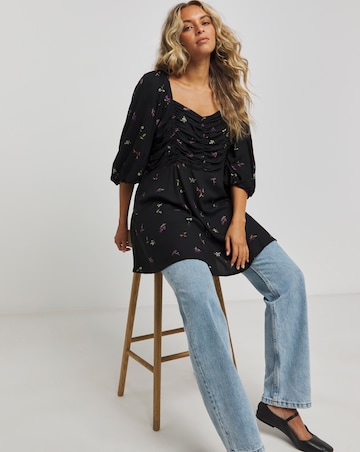 Black Ditsy Square Neck Blouse