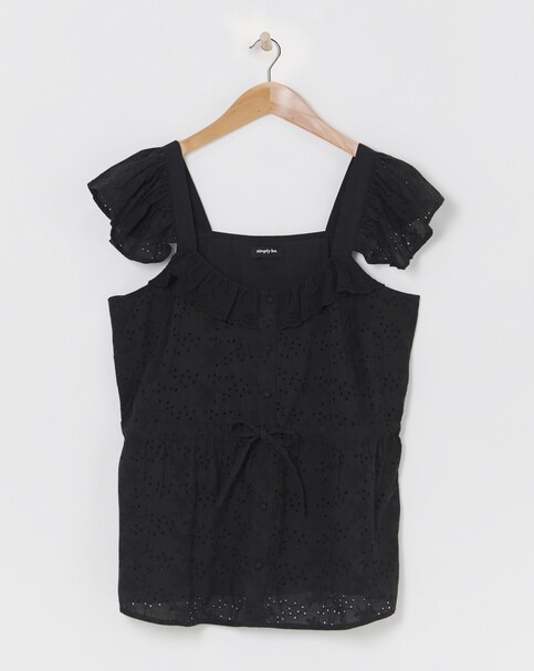Simply Be Black Broderie Blouse With Frill Sleeve