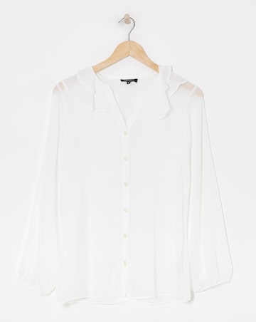 Womens Chiffon Frill Neck Long Sleeve Blouse - Ivory