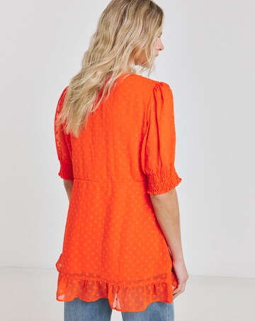 Red Dobby Short Sleeve Button Through Blouse with Frill Hem