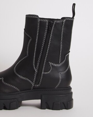 Hali Leather Embroidered Chunky Ankle Boots - Wide Fit (E)